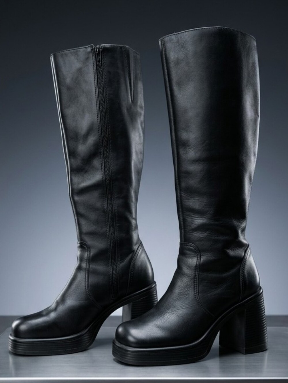 Steve Madden Fanatik Black Leather Knee High Platform Boots Square Toe 8.5M - Picture 2 of 5
